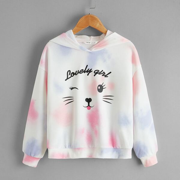 

Girls Cartoon & Slogan Graphic Tie Dye Pullover, Multicolor
