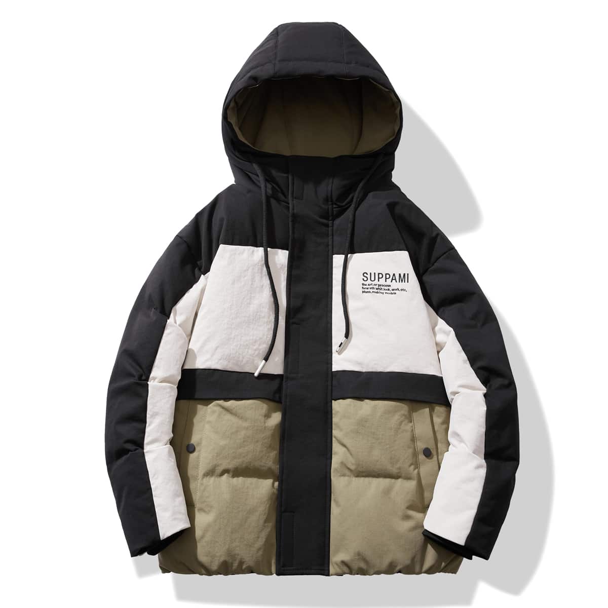 

Guys Colorblock Slogan Graphic Drawstring Hooded Puff Jacket, Multicolor