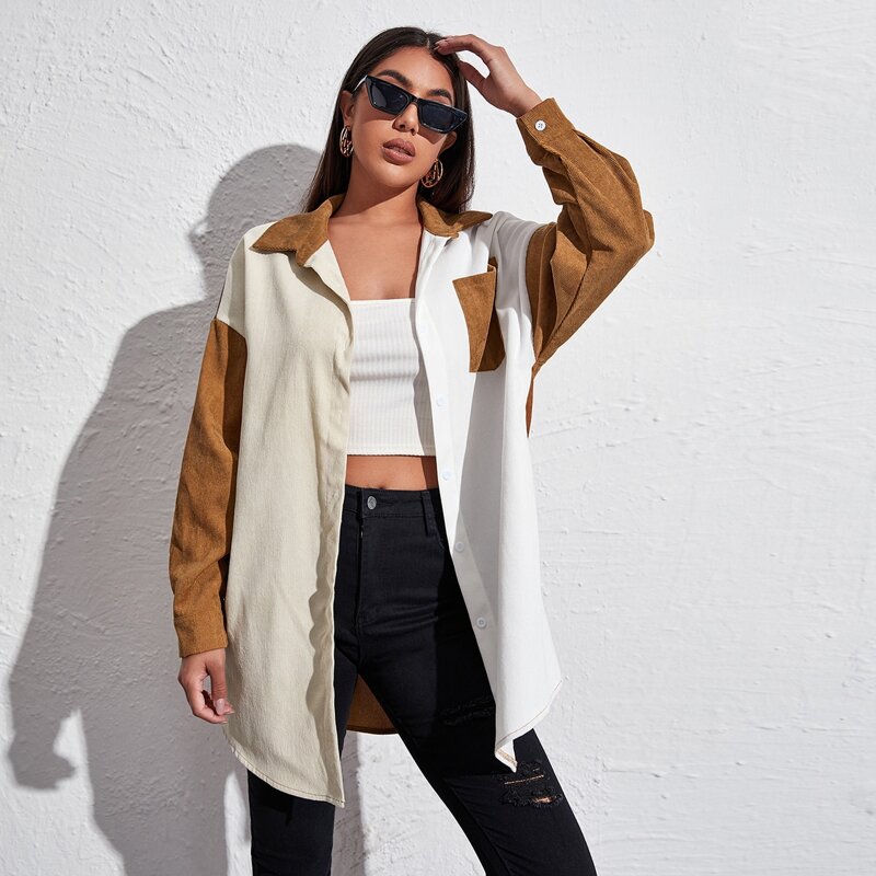 

Button Front Patch Pocket Colorblock Coat, Multicolor
