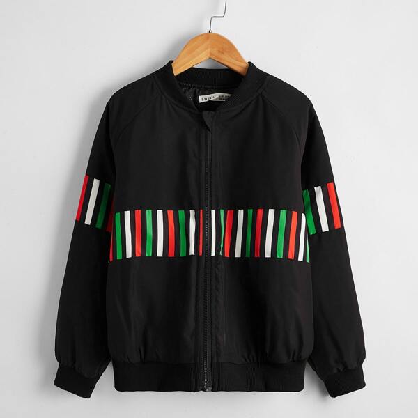 

Boys Zipper Front Striped Print Bomber Jacket, Black