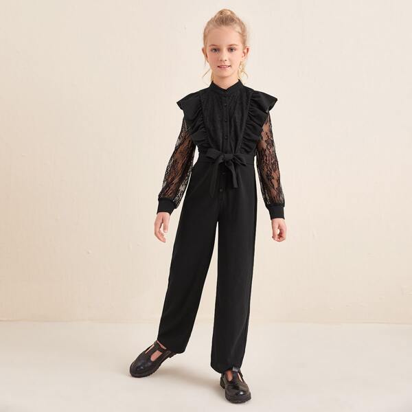 

Girls Lace Sleeve Ruffle Trim Belted Jumpsuit, Black