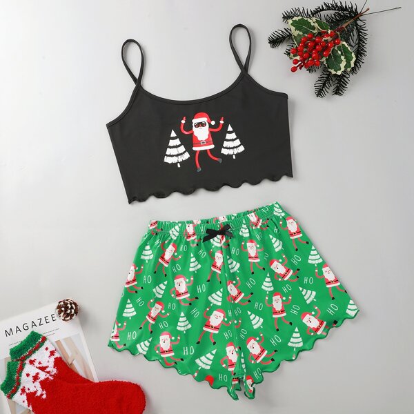 

Christmas Print Scallop Trim Cami Pajama Set, Multicolor