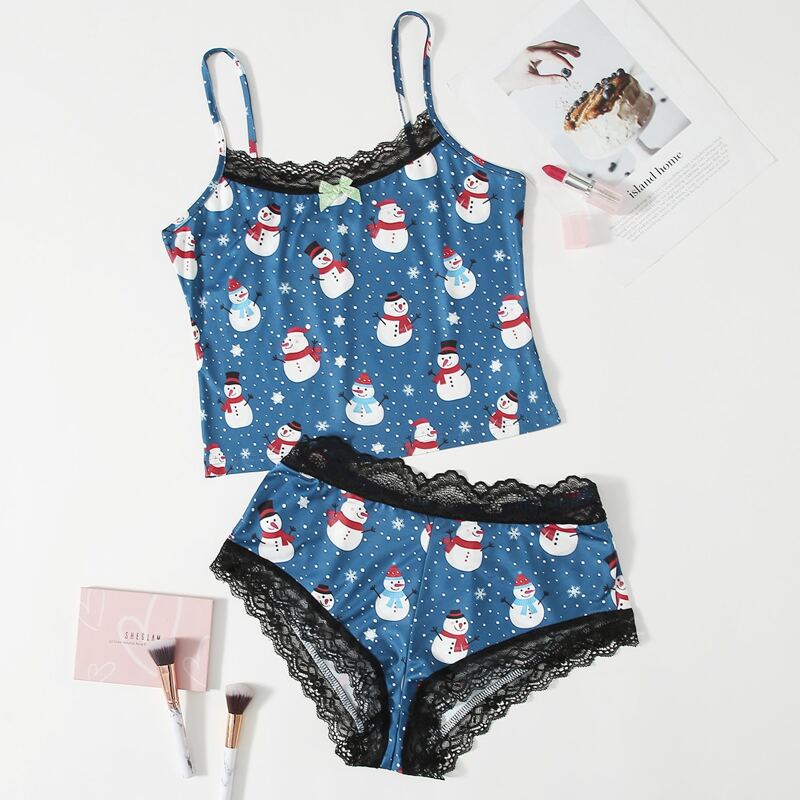 

Christmas Print Lace Trim PJ Set, Blue