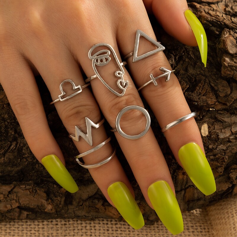 

8pcs Simple Geo Ring, Silver
