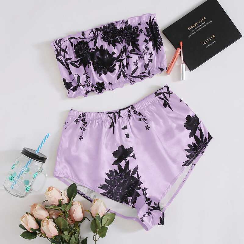 

Floral Print Tube Top & Shorts Satin PJ Set, Lilac purple