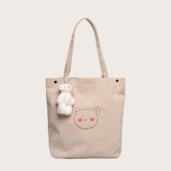 

Girls Bear Charm Corduroy Tote Bag, Khaki