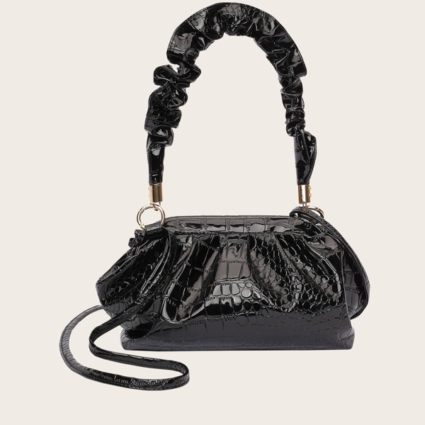 

Croc Embossed Ruched Shoulder Bag, Black