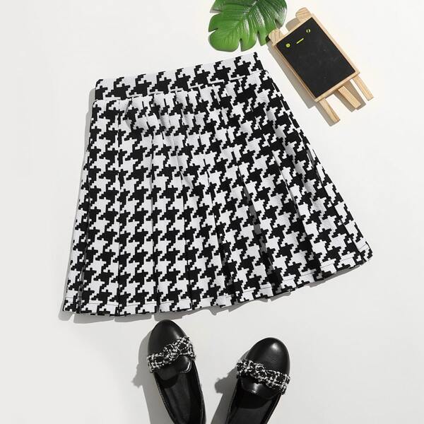 

Girls Houndstooth Print Pleated Skirt, Black and white
