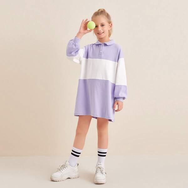 

Girls Buttoned Half Placket Colorblock Dress, Multicolor