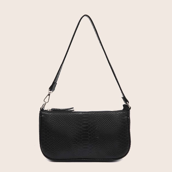 

Snakeskin Embossed Baguette Bag, Black