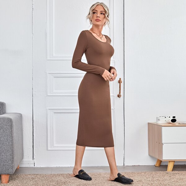 

Solid Scoop Neck Bodycon Dress, Coffee brown
