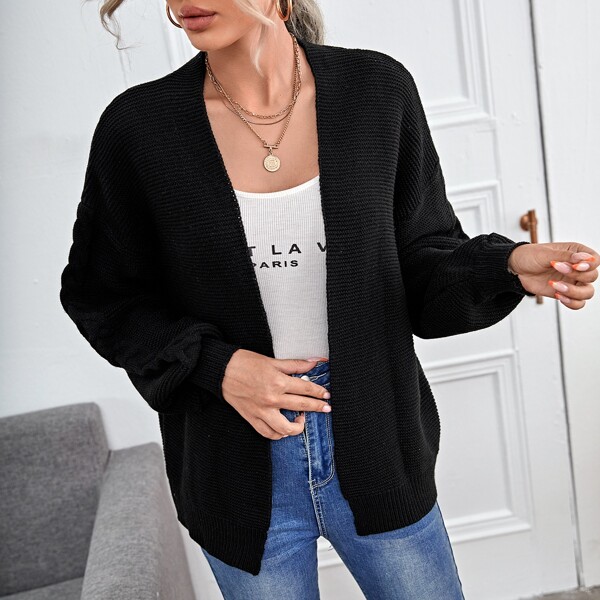 

Drop Shoulder Open Front Cardigan, Black