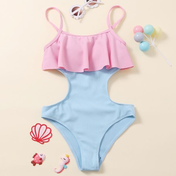 

Girls Rib Ruffle Trim One Piece Swimsuit, Multicolor