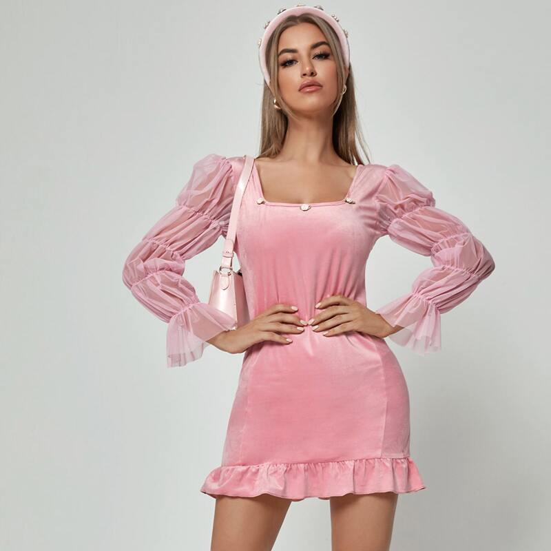 

Square Neck Contrast Mesh Sleeve Velvet Fitted Dress, Baby pink