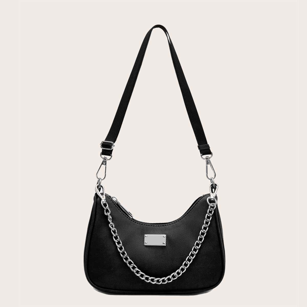 

Solid Chain Baguette Bag, Black