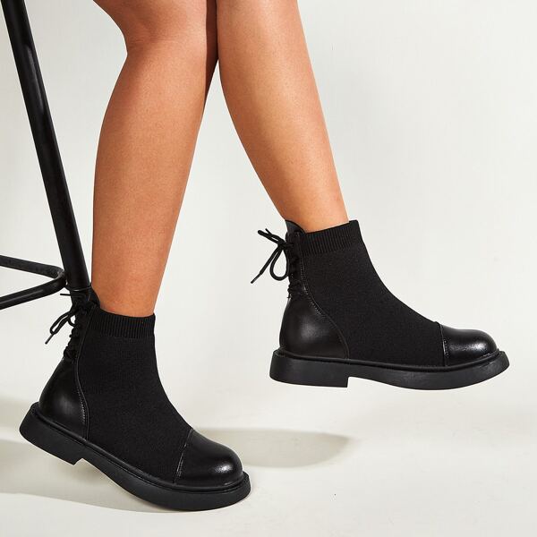 

Minimalist Lace-up Back Sock Boots, Black