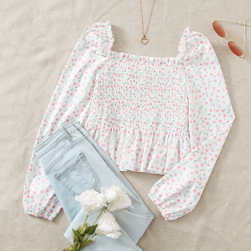 

Ditsy Flower Shirred Crop Top, White