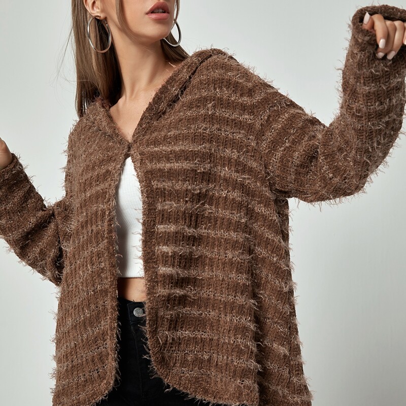 

Striped Fluffy Knit Hooded Coat, Coffee brown