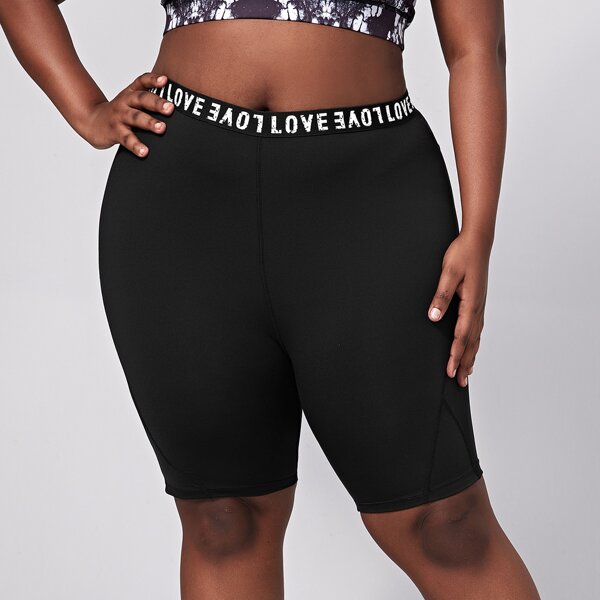 

Plus Contrast Mesh Letter Waist Sports Biker Shorts, Black