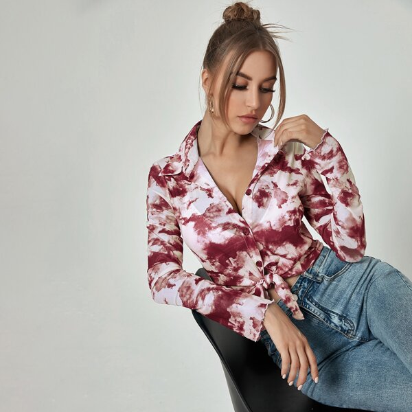 

Mesh Tie Dye Lettuce Trim Button Up Blouse, Red and white