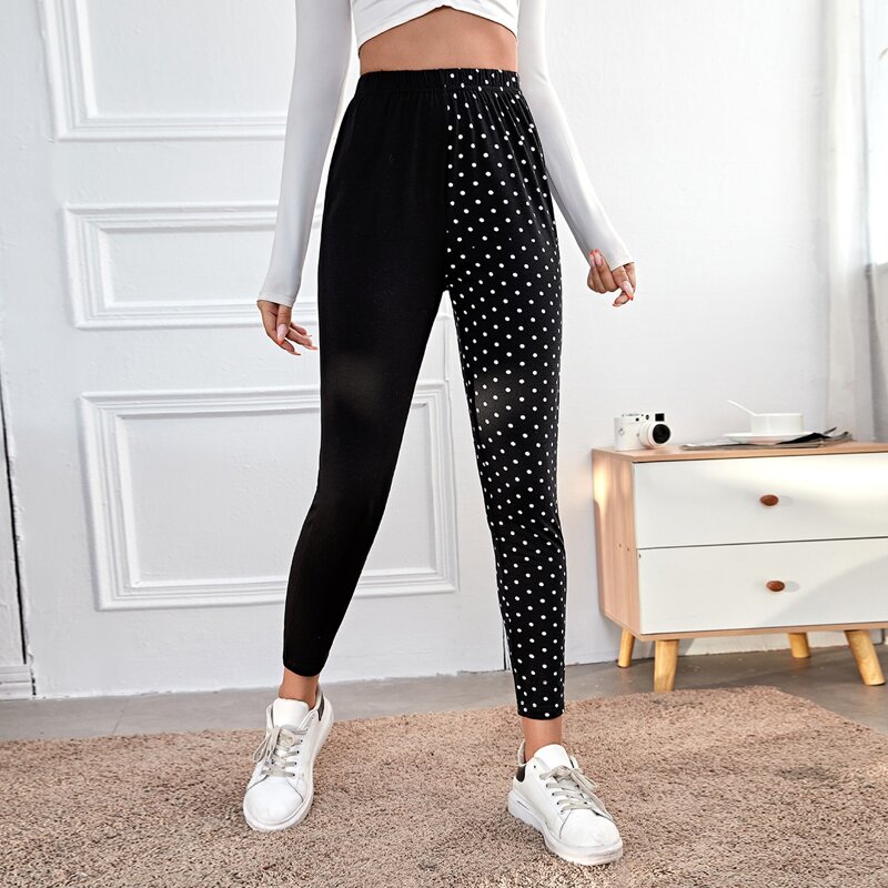 

Polka Dot Spliced High Waist Leggings, Black