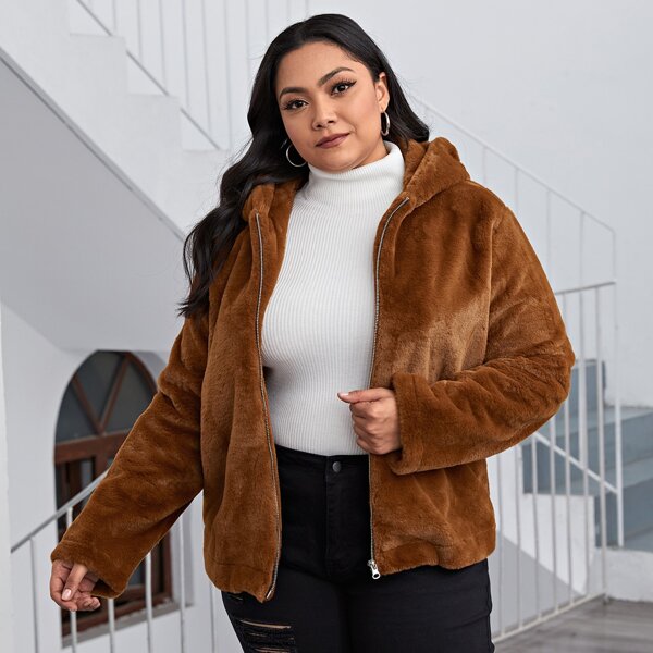 

Plus Zip Up Teddy Hooded Jacket, Brown