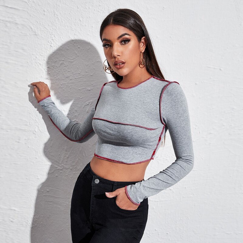 Contrast Top-stitching Crop Tee, Grey