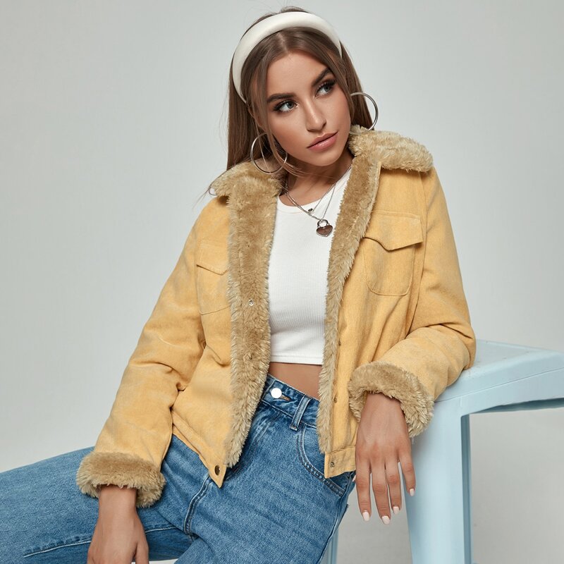 

Teddy Lined Flap Pocket Corduroy Jacket, Yellow