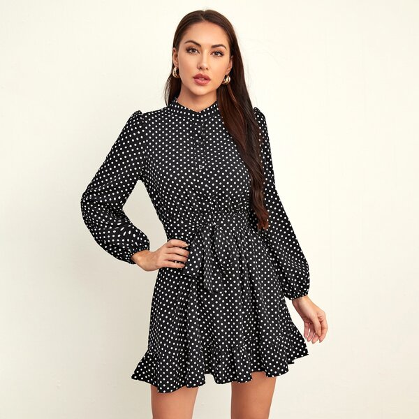 

Button Front Puff Sleeve Polka Dot Belted Dress, Black