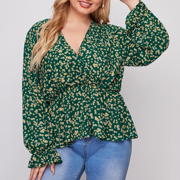 

Plus Surplice Front Ditsy Floral Peplum Blouse, Green multicolor