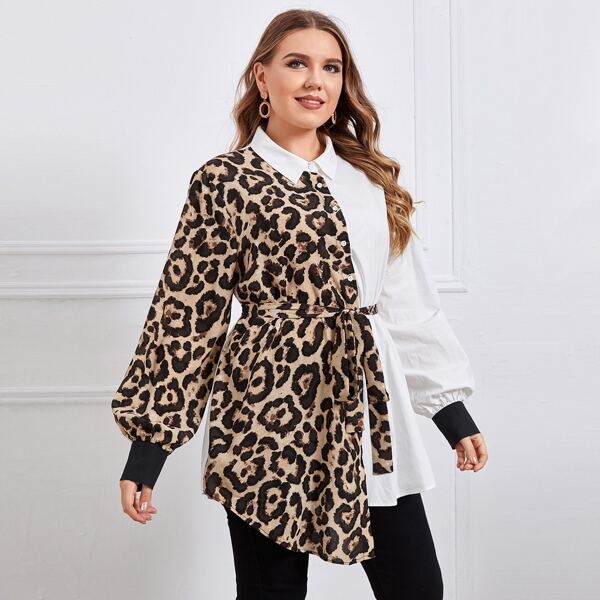 

Plus Lantern Sleeve Belted Leopard Spliced Blouse, Multicolor