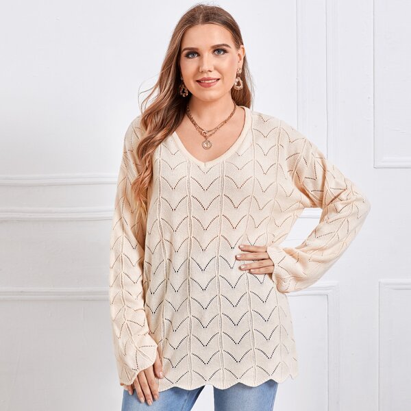 

Plus Scallop Trim Pointelle Knit Sweater, Beige