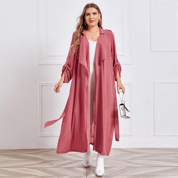 

Plus Roll Tab Sleeve Belted Waterfall Kimono, Dusty pink