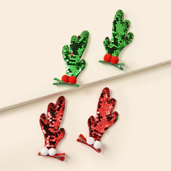 

4pcs Girls Christmas Antlers Decor Hair Clip, Multicolor