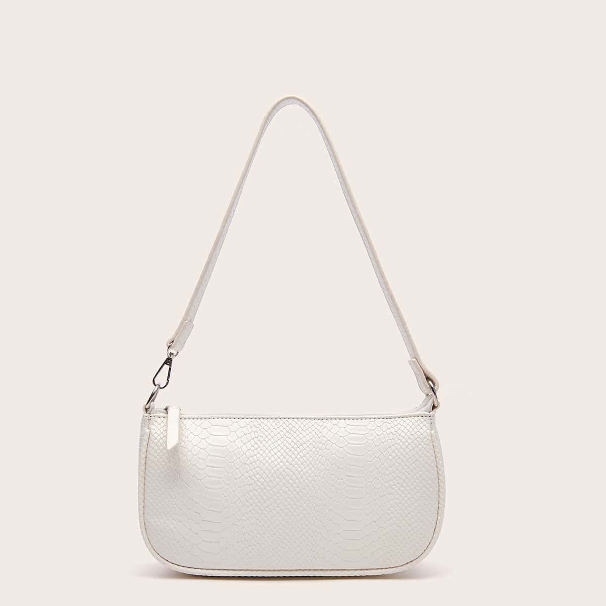 

Snake Embossed Baguette Bag, White