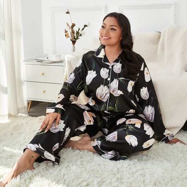 

Plus All Over Floral Print Button Front Satin PJ Set, Black