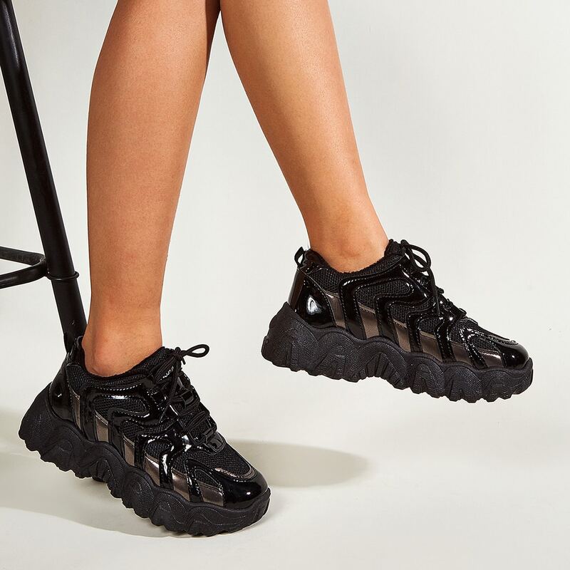 

Metallic Lace-up Front Chunky Sneakers, Black