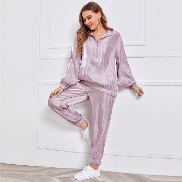 

Plus Zipper Half Placket Satin Jacket & Pants Set, Pastel baby pink