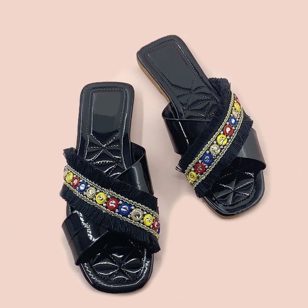 

Fringe Trim Cross Strap Slide Sandals, Black