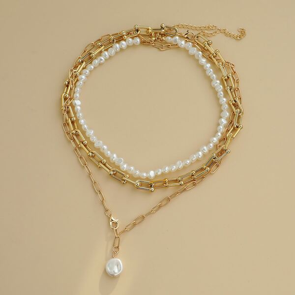 

3pcs Faux Pearl Decor Necklace, Gold