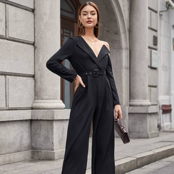 

Asymmetrical Neck Buckle Belted Jumpsuit, Black