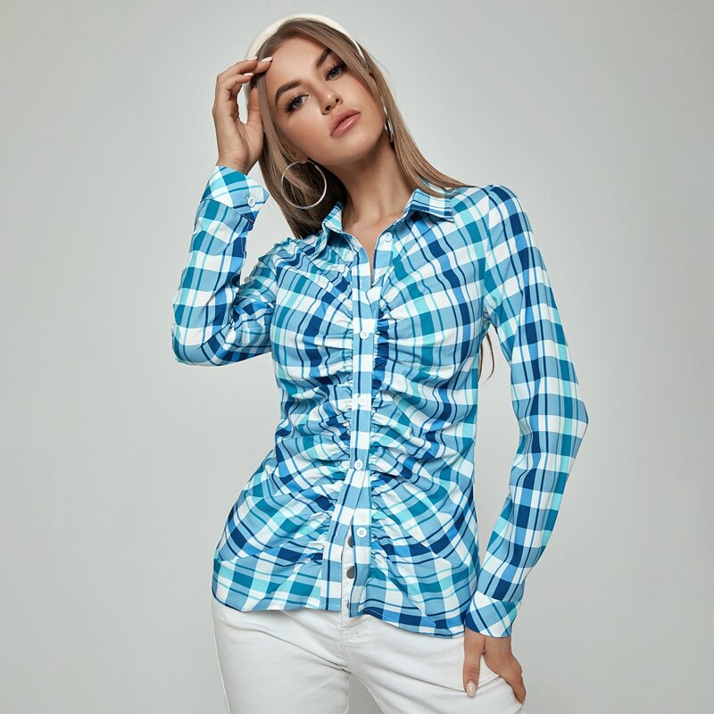 

Plaid Ruched Button Up Blouse, Blue and white