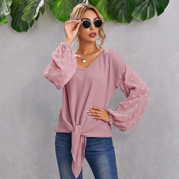 

Drop Shoulder Swiss Dot Tie Hem Tee, Dusty pink