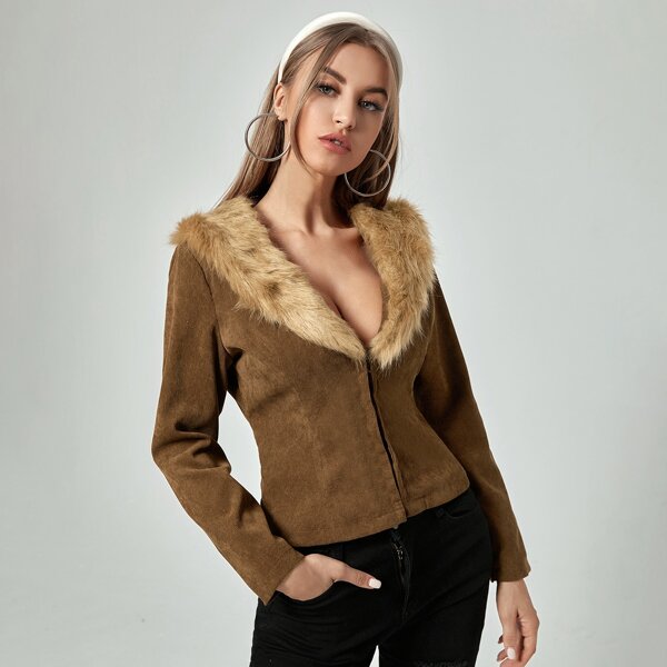

Contrast Faux Fur Corduroy Jacket, Mocha brown