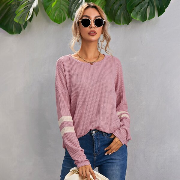 

Drop Shoulder Varsity Striped Tee, Dusty pink