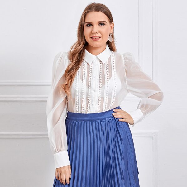 

Plus Heart Lace Panel Sheer Organza Blouse Without Bra, White