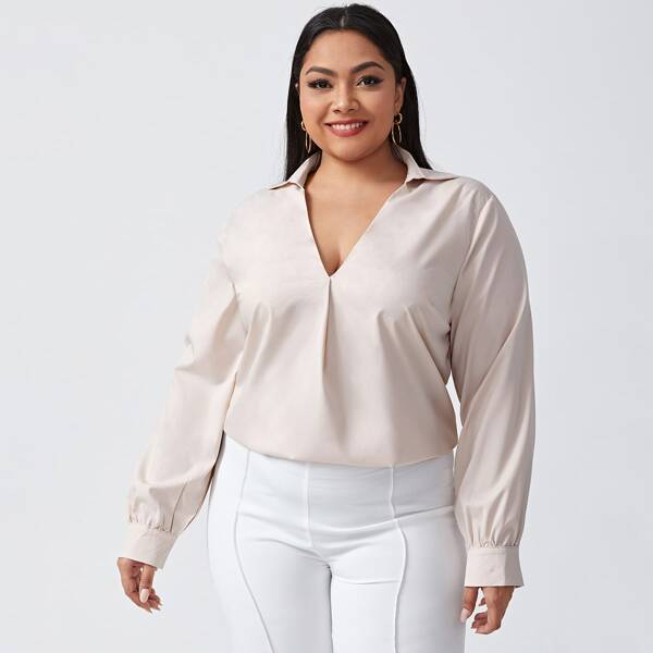 

Plus Solid V-neck Blouse, Beige