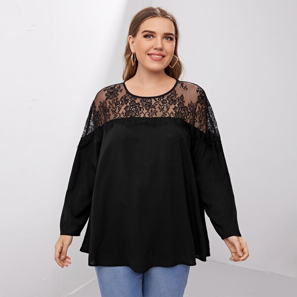 

Plus Lace Yoke Longline Blouse, Black