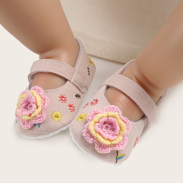 

Baby Girl Floral Embroidery Velcro Strap Flats, Apricot