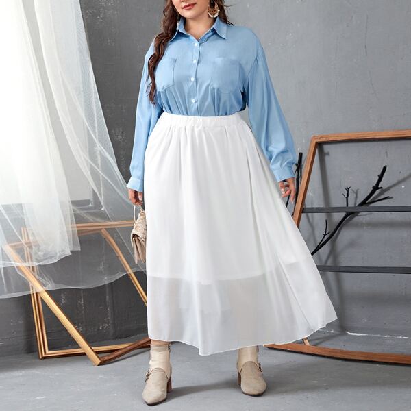 

Plus Button Through Blouse & Skirt, Blue and white